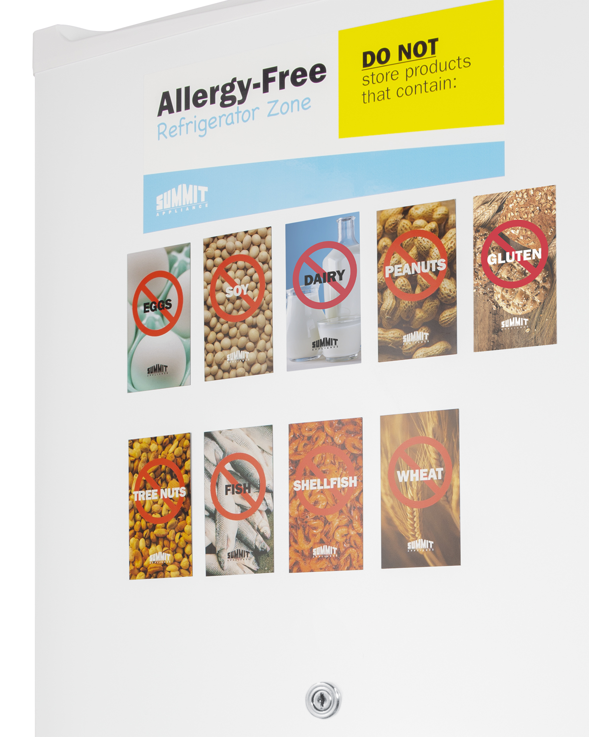 Commercially approved compact all-refrigerator in white, designed to serve as an allergy-free storage zone, with digital thermostat, keyed lock, and a set of allergy warning magnets